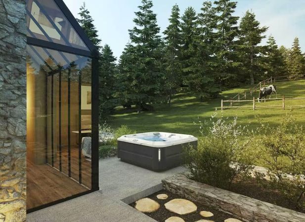 Spa J-385™ – Spa carré 6 places avec 49 jets PowerPro®, cascade et dôme plantaire