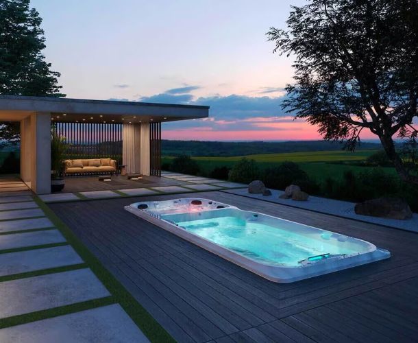 Spa de nage Jacuzzi® J-19 Bizone – Double bassin, double confort : nage sportive & détente absolue